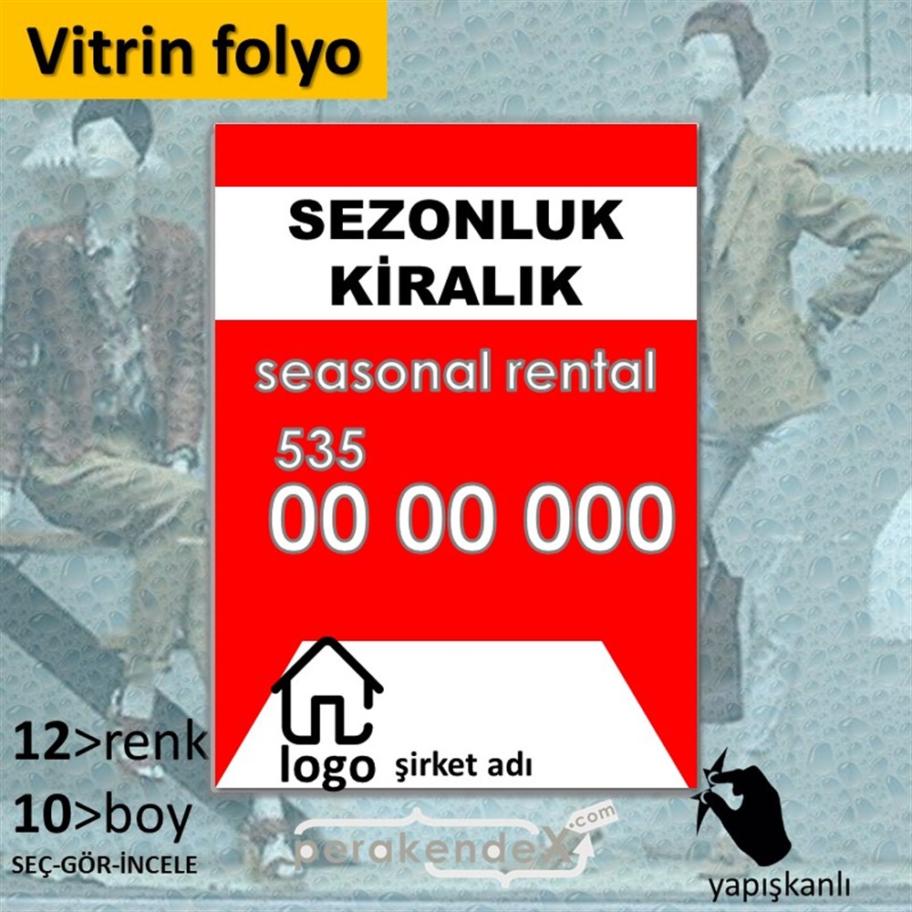 Sezonluk Kiralık Yazısı 004 VİTRİN - CAM FOLYO,  VİNİL -dikdörtgen,tek yön baskıvitrin - cam folyo,  vinil