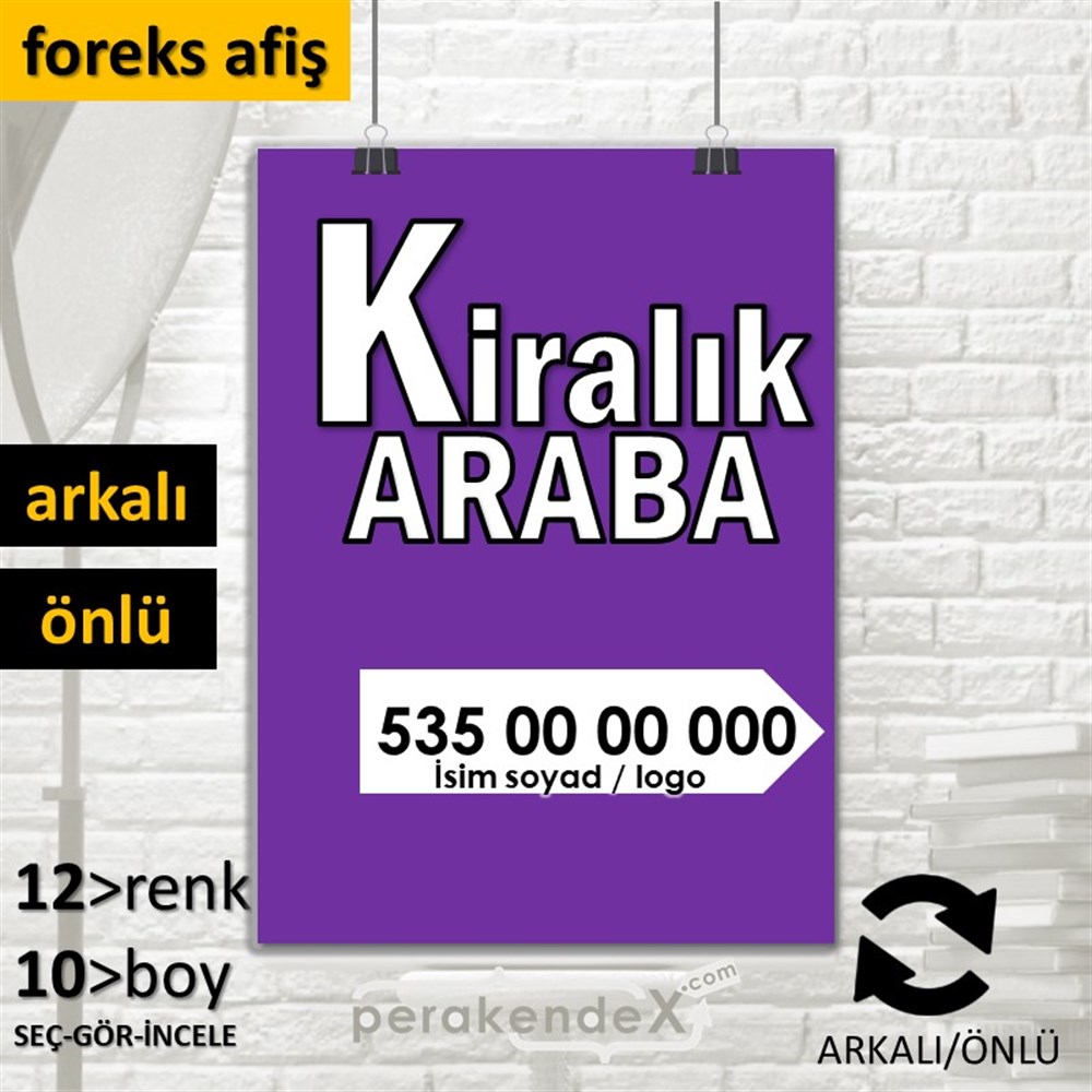 Tr İngilizce Kiralık Araba Yazısı 008 SERT PLASTİK POSTER,  AFİŞ -dikdörtgen,çift yön baskısert plastik poster,  afiş