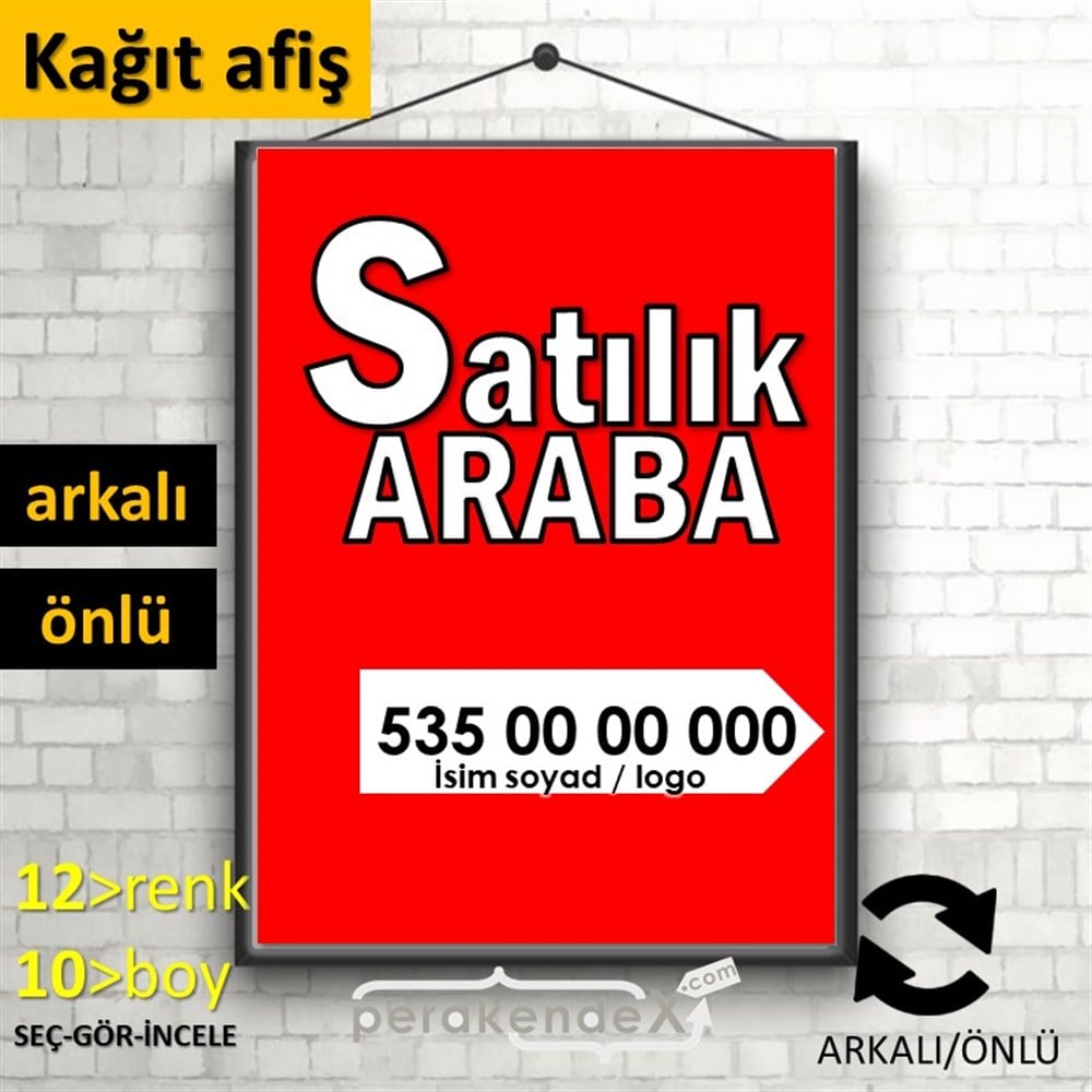 Tr İngilizce Satılık Araba Yazısı 008 KAĞIT POSTER,  AFİŞ -dikdörtgen,çift yön baskıkağıt poster,  afiş