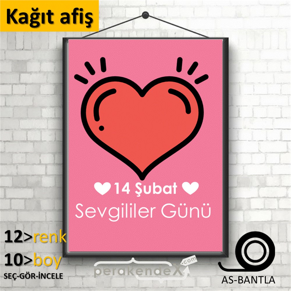 14 Şubat Sevgililer Günü kalbi KAĞIT POSTER,  AFİŞ -dikdörtgen,tek yön baskı
