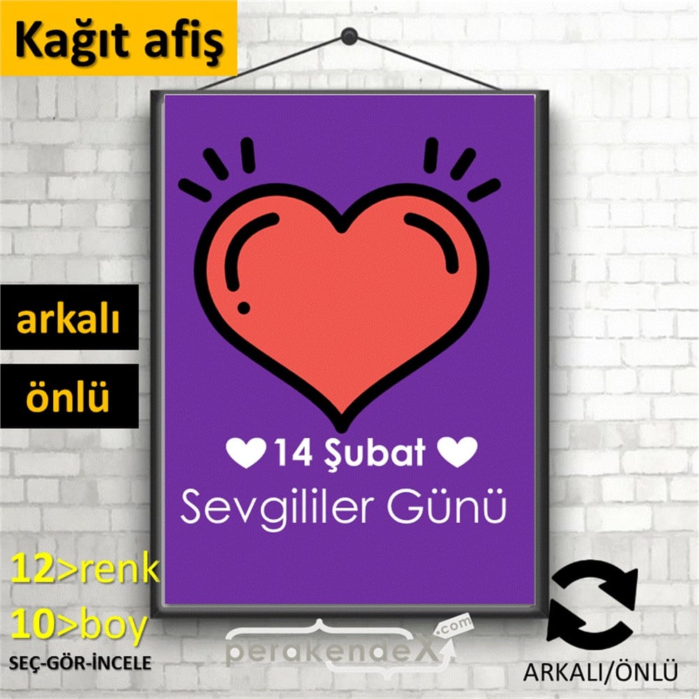 14 Şubat Sevgililer Günü kalbi KAĞIT POSTER,  AFİŞ -dikdörtgen,çift yön baskı