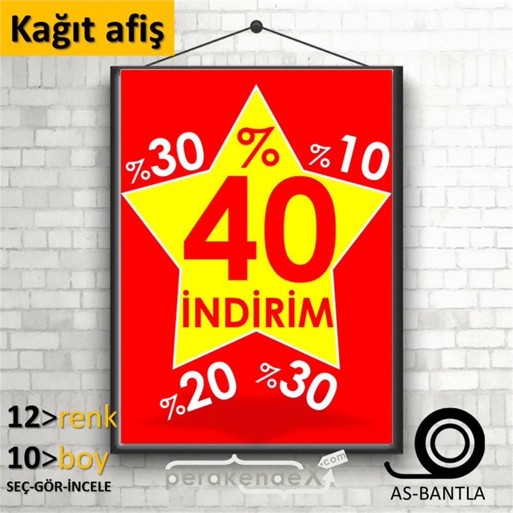 %40'A Kadar İndirim Yıldızlı Kademeli KAĞIT POSTER,  AFİŞ -dikdörtgen,tek yön baskı