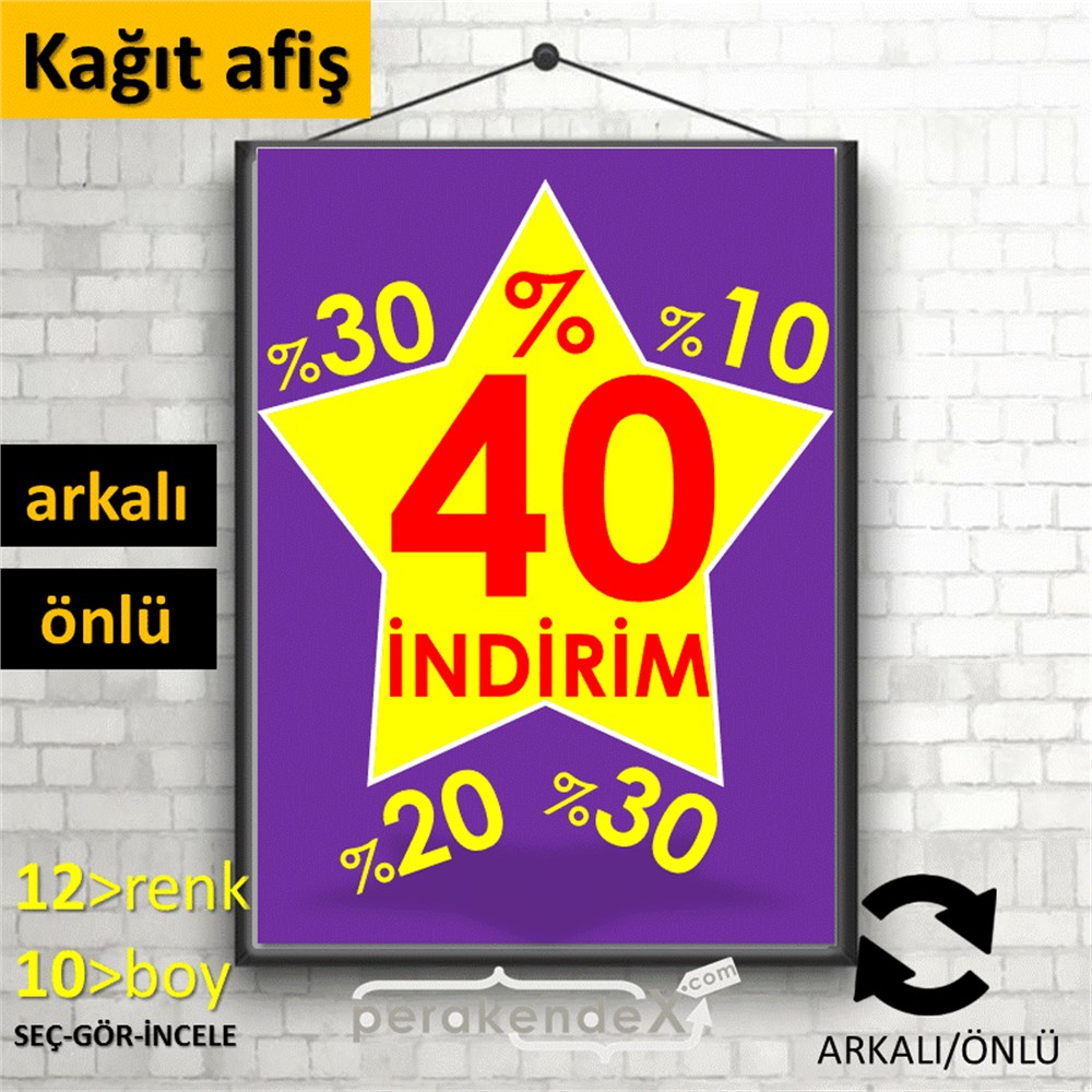 %40'A Kadar İndirim Yıldızlı Kademeli KAĞIT POSTER,  AFİŞ -dikdörtgen,çift yön baskı