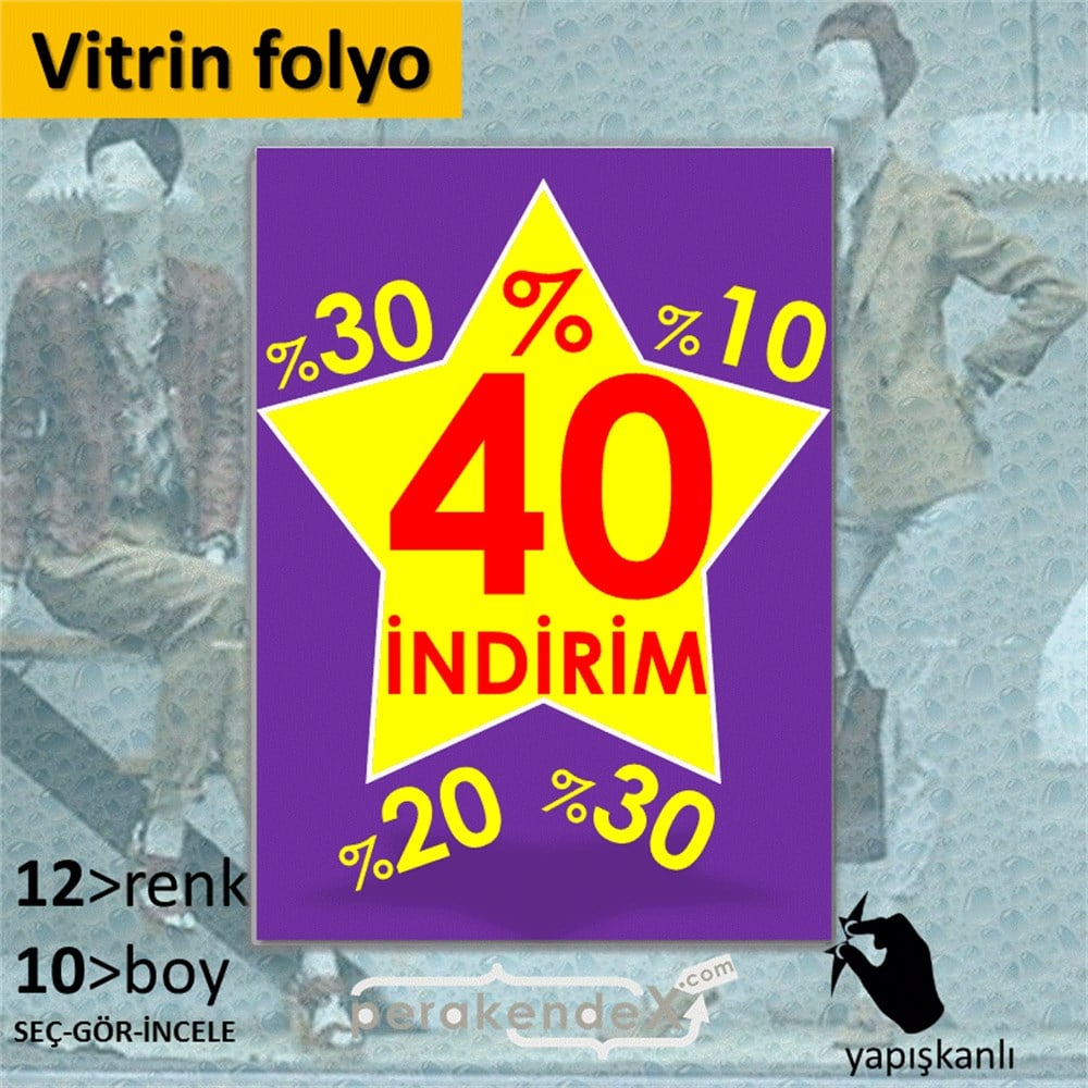 %40'A Kadar İndirim Yıldızlı Kademeli VİTRİN - CAM FOLYO,  VİNİL -dikdörtgen,tek yön baskı