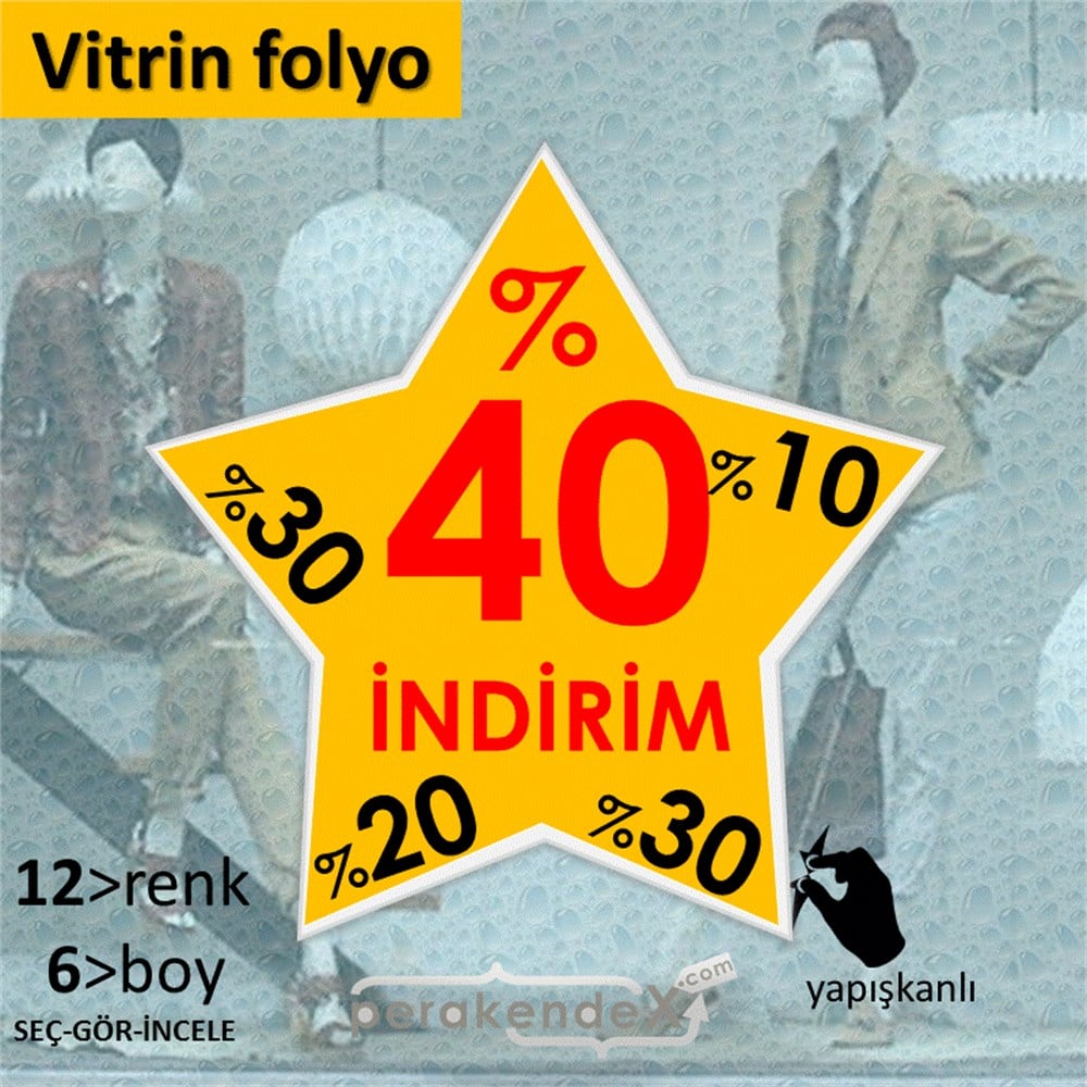 %40'A Kadar İndirim Yıldızlı Kademeli VİTRİN - CAM FOLYO,  VİNİL -yıldız,tek yön baskı