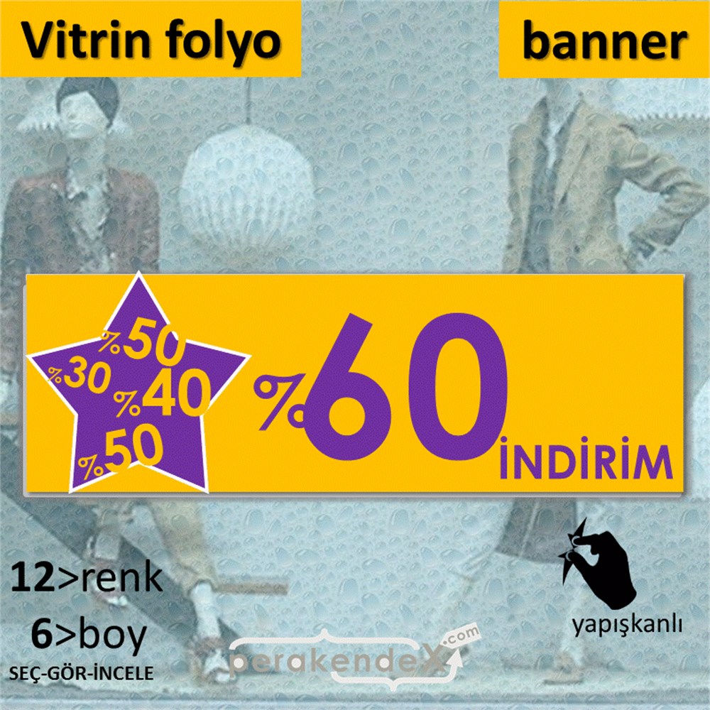 %60'A Kadar İndirim Yıldızlı Kademeli VİTRİN, CAM FOLYO,  VİNİL (BANNER) -dikdörtgen,tek yön baskı
