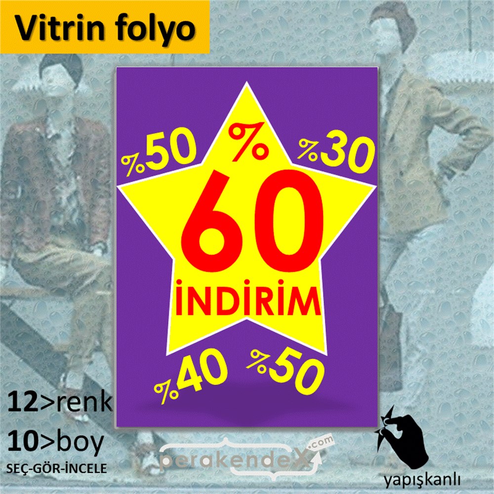 %60'A Kadar İndirim Yıldızlı Kademeli VİTRİN - CAM FOLYO,  VİNİL -dikdörtgen,tek yön baskı