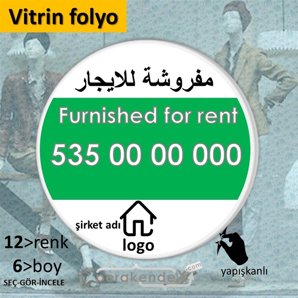 Arapça Eşyalı Kiralık Yazısı 004 VİTRİN - CAM FOLYO,  VİNİL -oval,tek yön baskıvitrin - cam folyo,  vinil