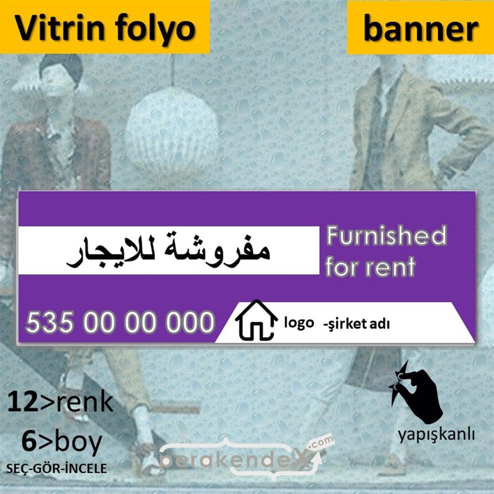 Arapça Eşyalı Kiralık Yazısı 004 VİTRİN, CAM FOLYO,  VİNİL (BANNER) -dikdörtgen,tek yön baskıvitrin - cam folyo,  vinil