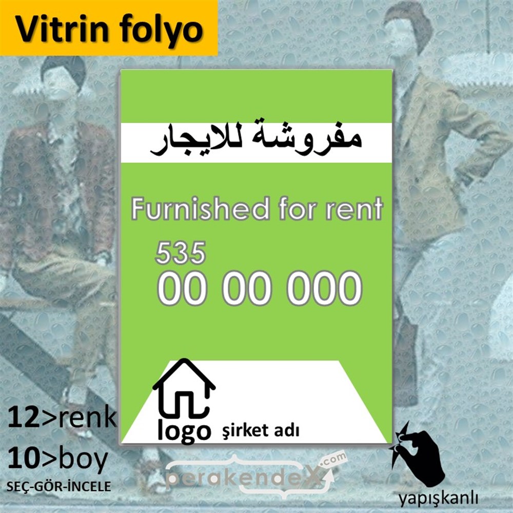 Arapça Eşyalı Kiralık Yazısı 004 VİTRİN - CAM FOLYO,  VİNİL -dikdörtgen,tek yön baskıvitrin - cam folyo,  vinil