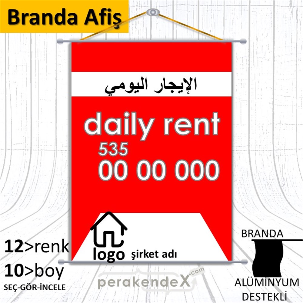 Arapça Günlük Kiralık Yazısı 004 BRANDA POSTER,  AFİŞ -dikdörtgen,tek yön baskıbranda poster,  afiş
