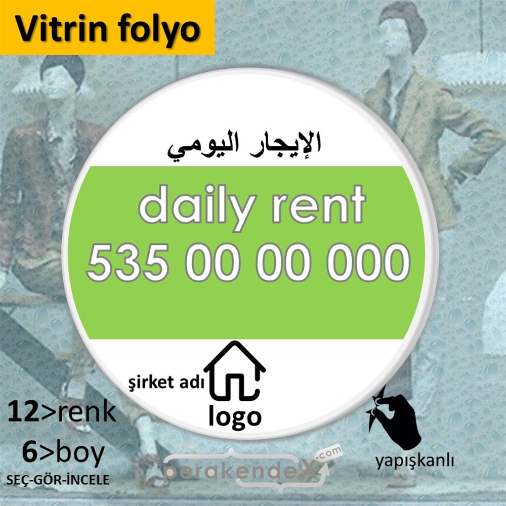 Arapça Günlük Kiralık Yazısı 004 VİTRİN - CAM FOLYO,  VİNİL -oval,tek yön baskıvitrin - cam folyo,  vinil