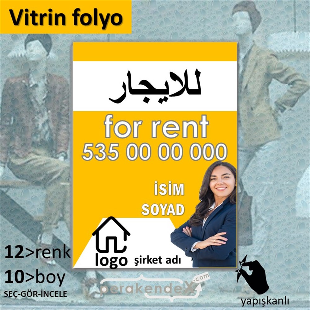 Arapça Kiralık Yazısı 102 VİTRİN - CAM FOLYO,  VİNİL -dikdörtgen,tek yön baskıvitrin - cam folyo,  vinil
