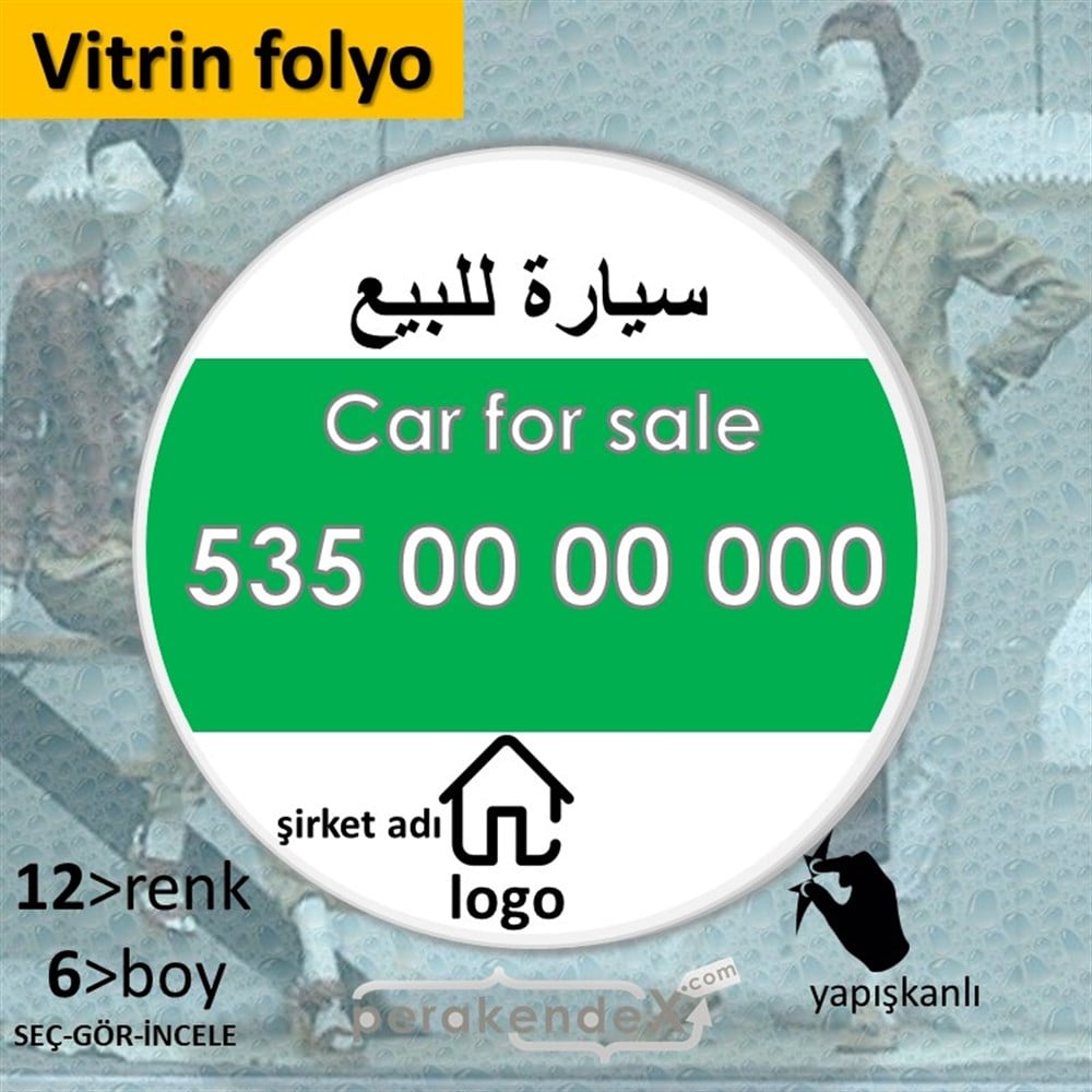Arapça Satılık Araba Yazısı 004 VİTRİN - CAM FOLYO,  VİNİL -oval,tek yön baskıvitrin - cam folyo,  vinil