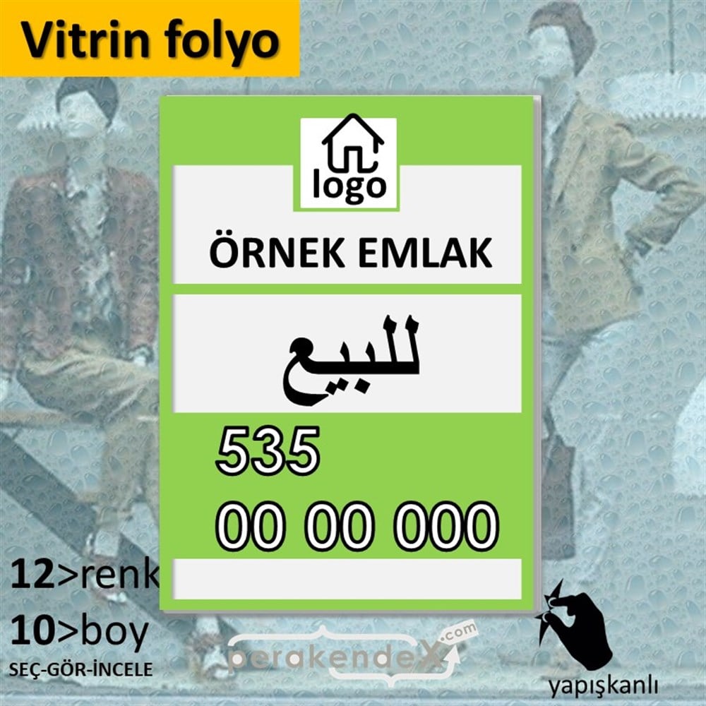Arapça Satılık Yazısı 001 VİTRİN - CAM FOLYO,  VİNİL -dikdörtgen,tek yön baskıvitrin - cam folyo,  vinil