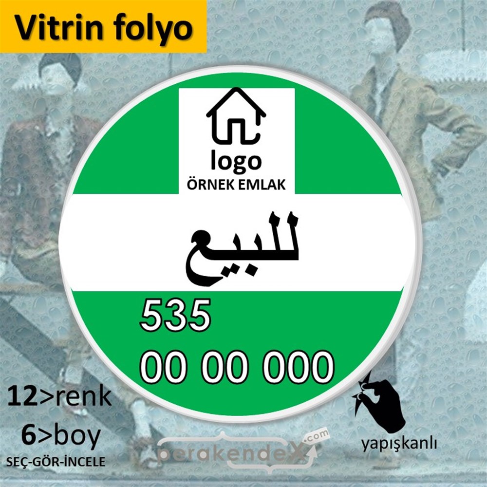 Arapça Satılık Yazısı 001 VİTRİN - CAM FOLYO,  VİNİL -oval,tek yön baskıvitrin - cam folyo,  vinil