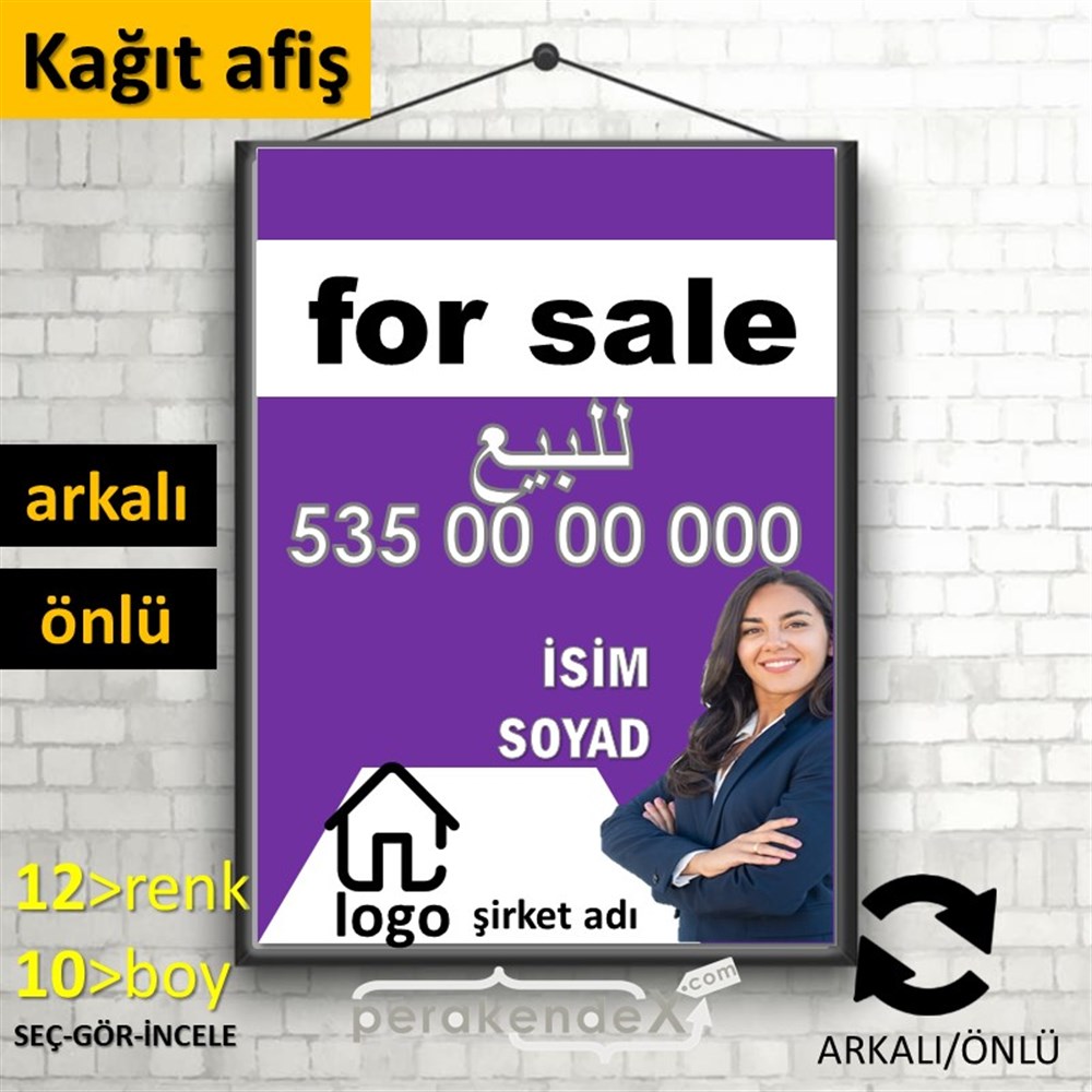 Arapça Satılık Yazısı 002 KAĞIT POSTER,  AFİŞ -dikdörtgen,çift yön baskıkağıt poster,  afiş