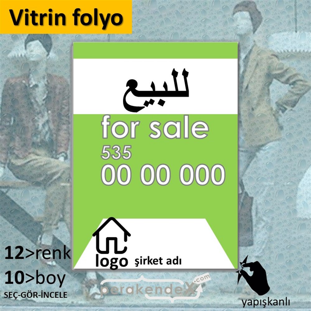 Arapça Satılık Yazısı 003 VİTRİN - CAM FOLYO,  VİNİL -dikdörtgen,tek yön baskıvitrin - cam folyo,  vinil