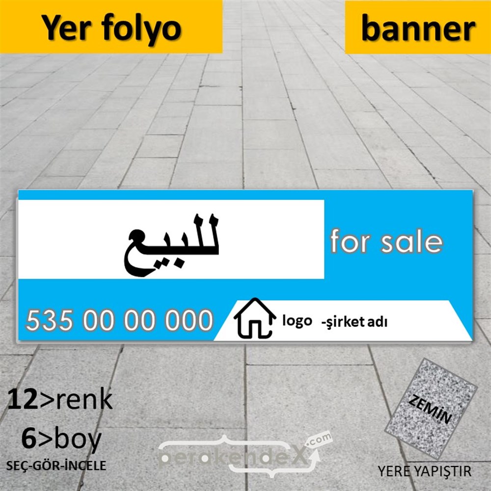 Arapça Satılık Yazısı 003 YER - ZEMİN FOLYO,  VİNİL (BANNER) -dikdörtgen,tek yön baskıyer - zemin folyo,  vinil