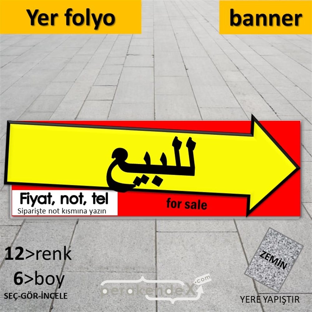 Arapça Satılık Yazısı 007 YER - ZEMİN FOLYO,  VİNİL (BANNER) -dikdörtgen,tek yön baskıyer - zemin folyo,  vinil