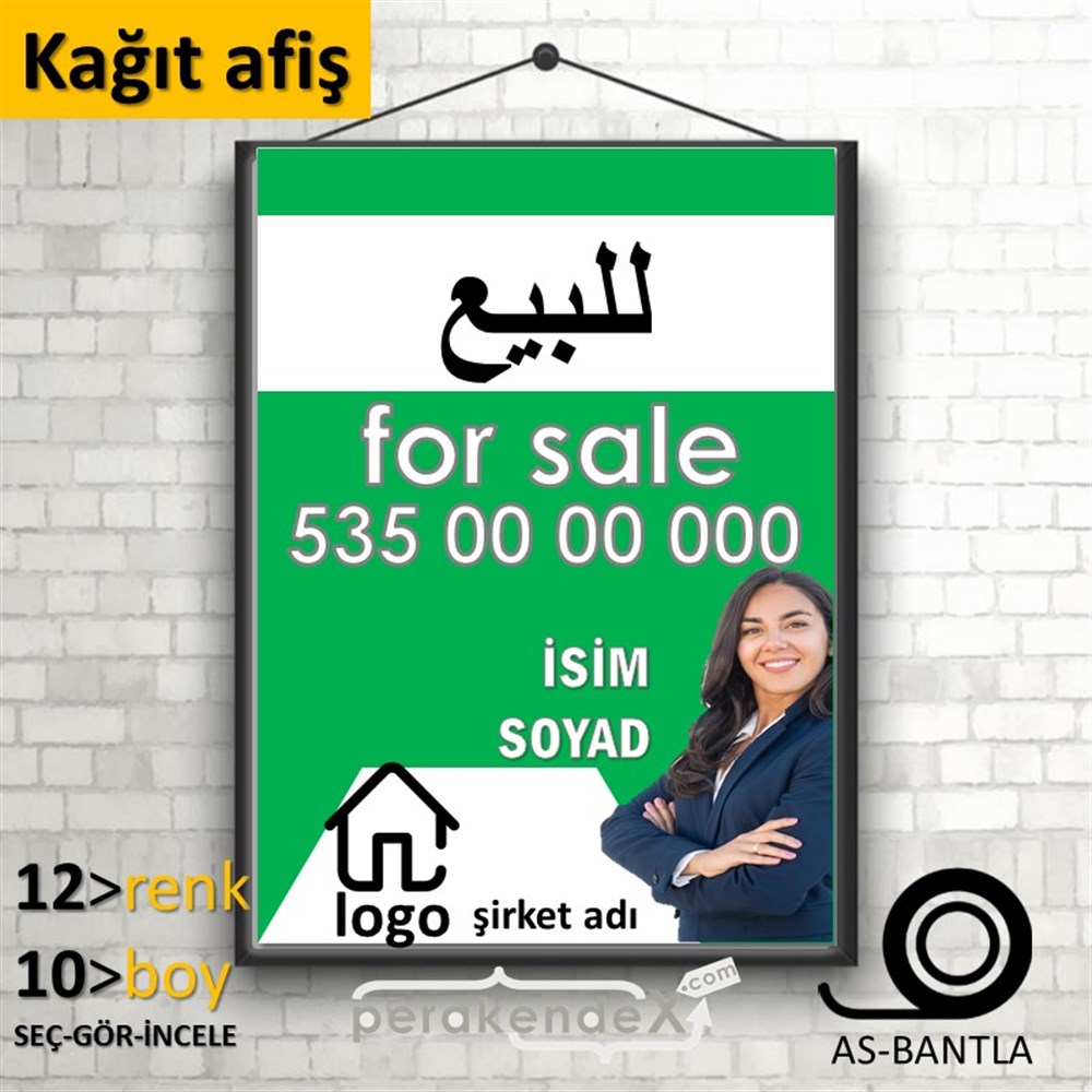 Arapça Satılık Yazısı 102 KAĞIT POSTER,  AFİŞ -dikdörtgen,tek yön baskıkağıt poster,  afiş