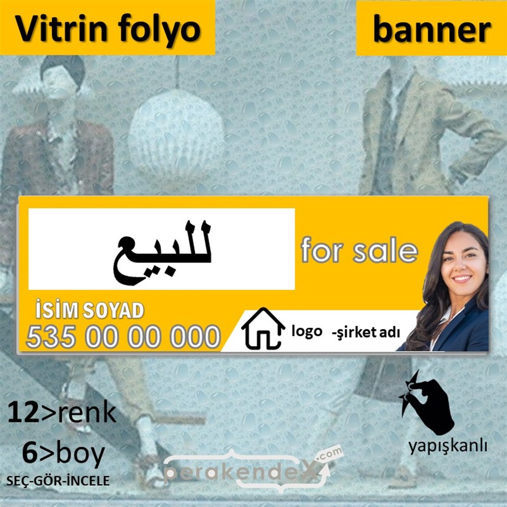 Arapça Satılık Yazısı 102 VİTRİN, CAM FOLYO,  VİNİL (BANNER) -dikdörtgen,tek yön baskıvitrin - cam folyo,  vinil
