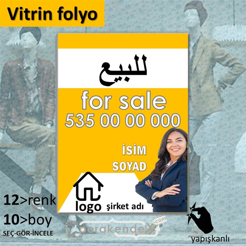 Arapça Satılık Yazısı 102 VİTRİN - CAM FOLYO,  VİNİL -dikdörtgen,tek yön baskıvitrin - cam folyo,  vinil