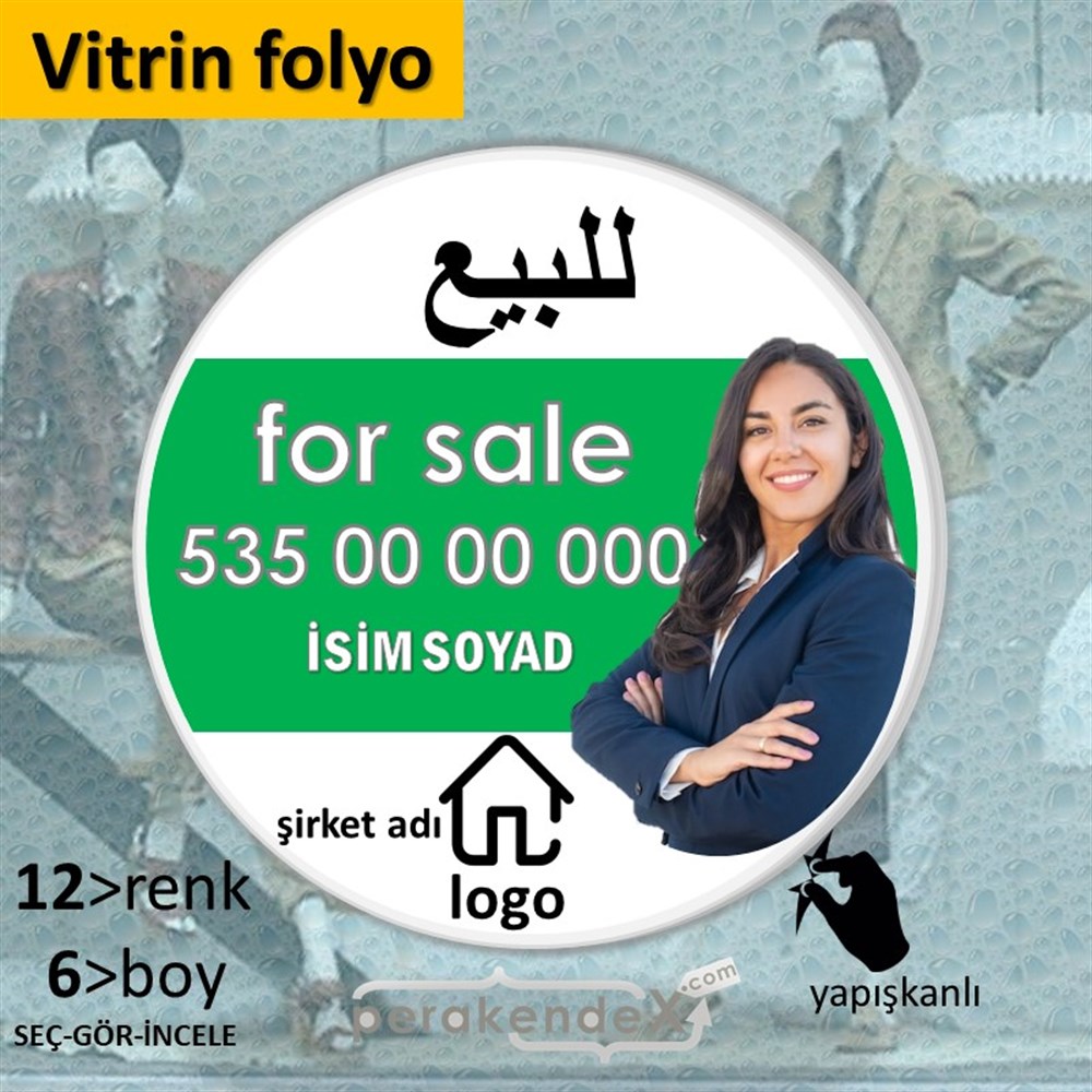 Arapça Satılık Yazısı 102 VİTRİN - CAM FOLYO,  VİNİL -oval,tek yön baskıvitrin - cam folyo,  vinil