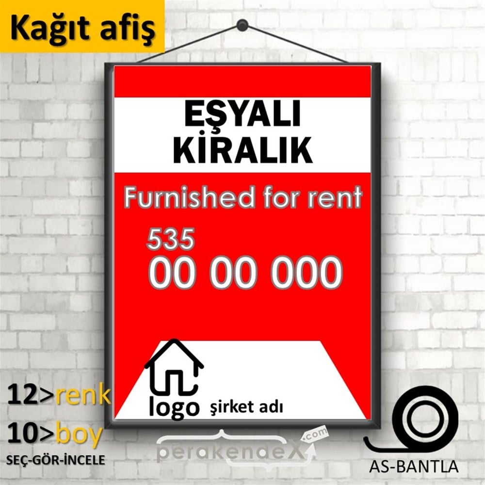 Eşyalı Kiralık Yazısı 004 KAĞIT POSTER,  AFİŞ -dikdörtgen,tek yön baskıkağıt poster,  afiş