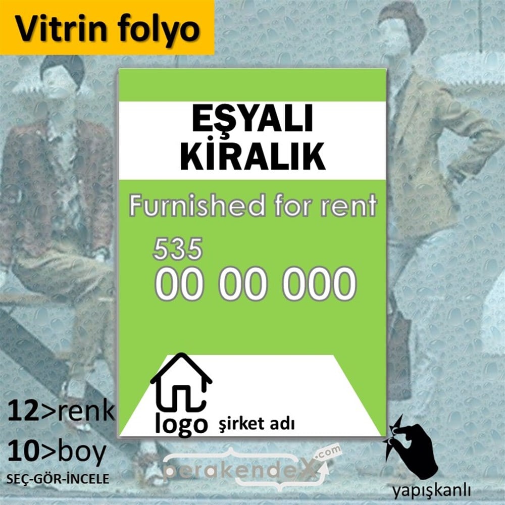 Eşyalı Kiralık Yazısı 004 VİTRİN - CAM FOLYO,  VİNİL -dikdörtgen,tek yön baskıvitrin - cam folyo,  vinil