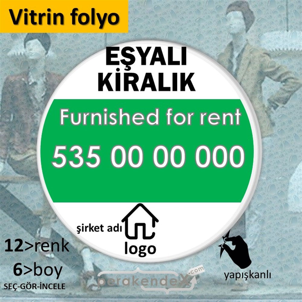Eşyalı Kiralık Yazısı 004 VİTRİN - CAM FOLYO,  VİNİL -oval,tek yön baskıvitrin - cam folyo,  vinil