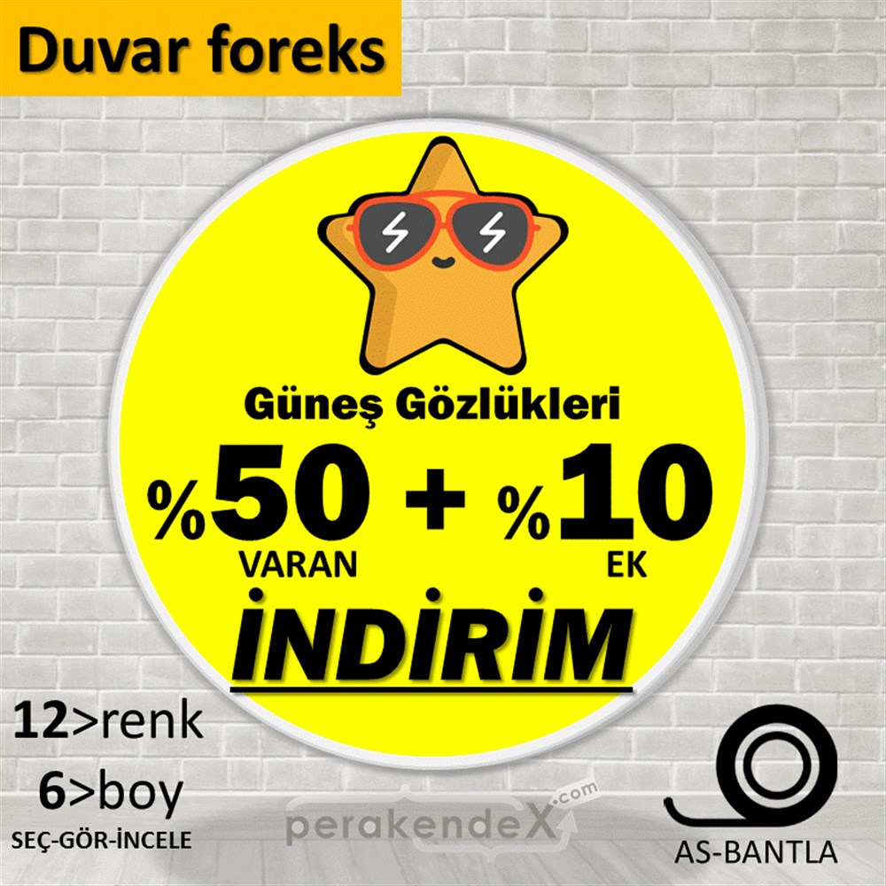Güneş Gözlükleri İndirim Yüzde 50 Artı 10 SERT PLASTİK POSTER,  AFİŞ -oval,tek yön baskı