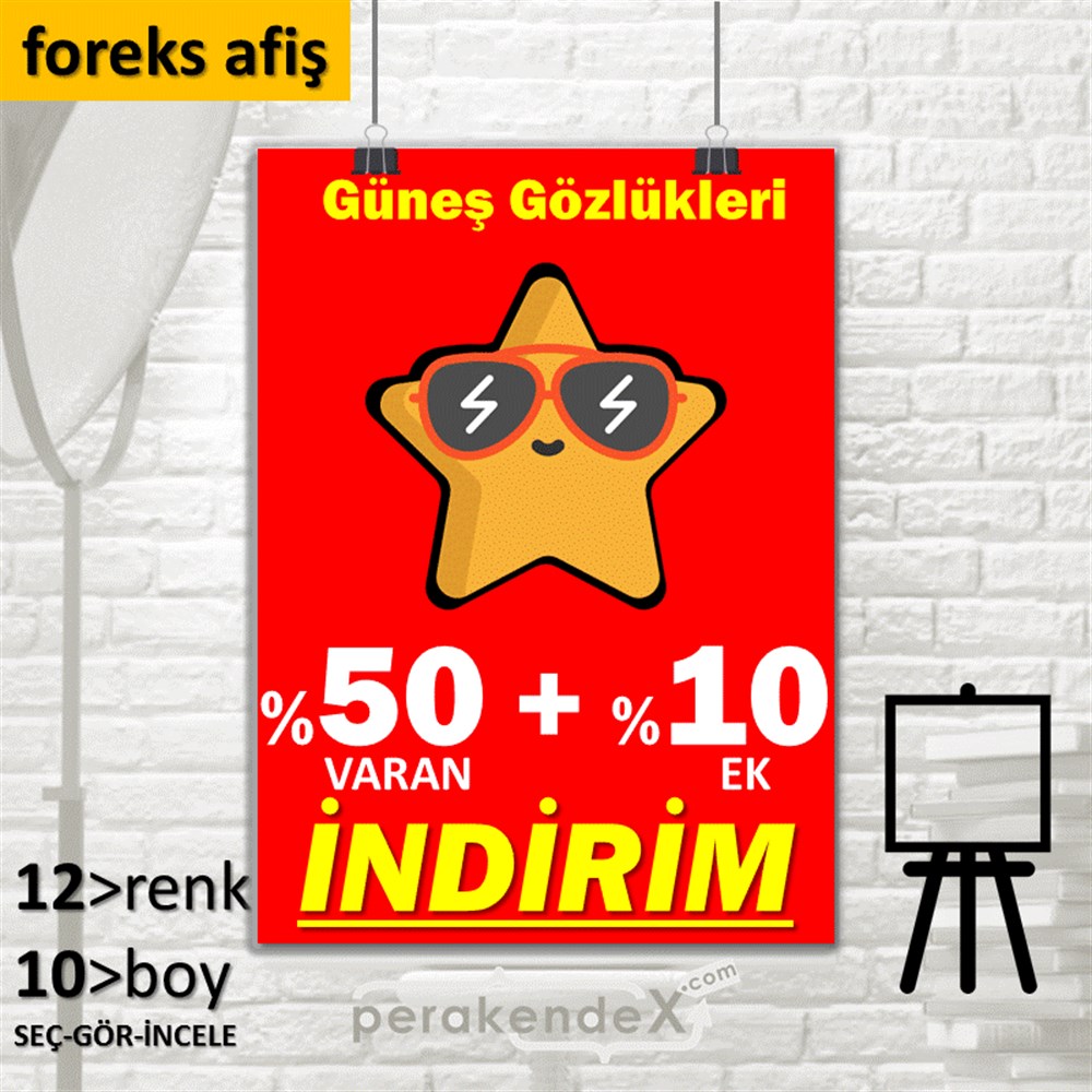 Güneş Gözlükleri İndirim Yüzde 50 Artı 10 SERT PLASTİK POSTER,  AFİŞ -dikdörtgen,tek yön baskı