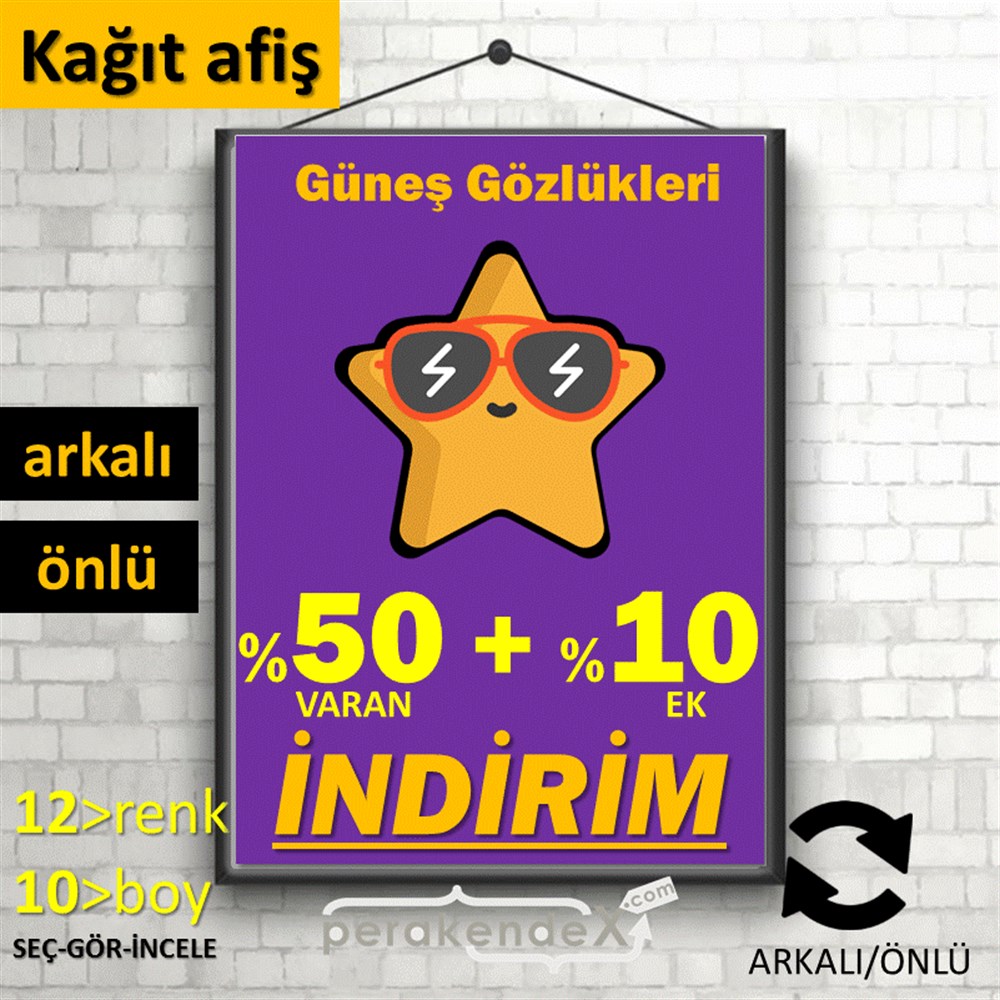 Güneş Gözlükleri İndirim Yüzde 50 Artı 10 KAĞIT POSTER,  AFİŞ -dikdörtgen,çift yön baskı