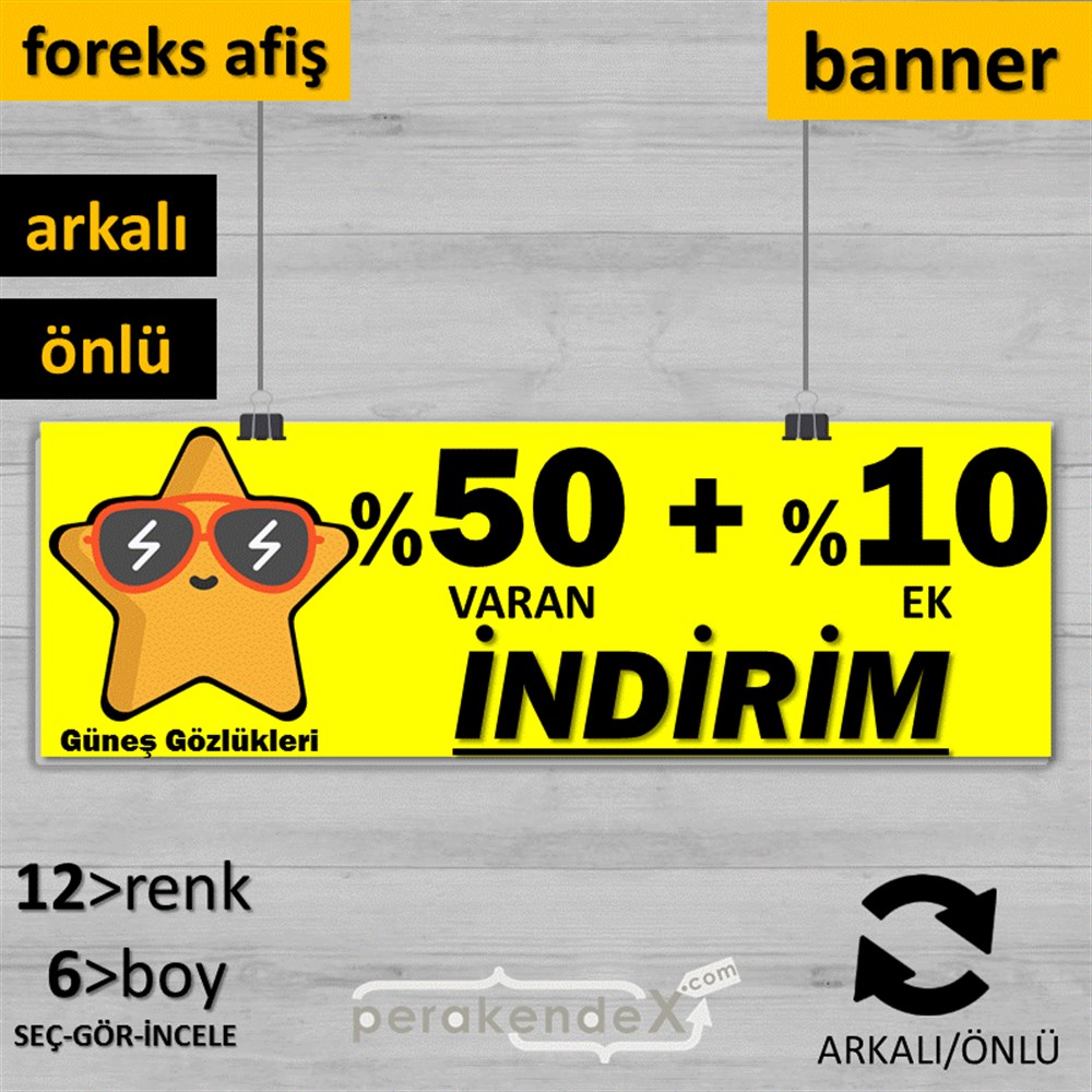 Güneş Gözlükleri İndirim Yüzde 50 Artı 10 SERT PLASTİK POSTER,  AFİŞ (BANNER) -dikdörtgen,çift yön baskı