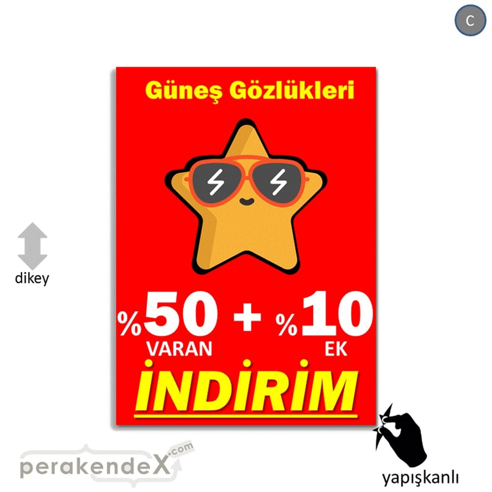 Güneş Gözlükleri İndirim Yüzde 50 Artı 10 VİTRİN - CAM FOLYO,  VİNİL -dikdörtgen,tek yön baskı