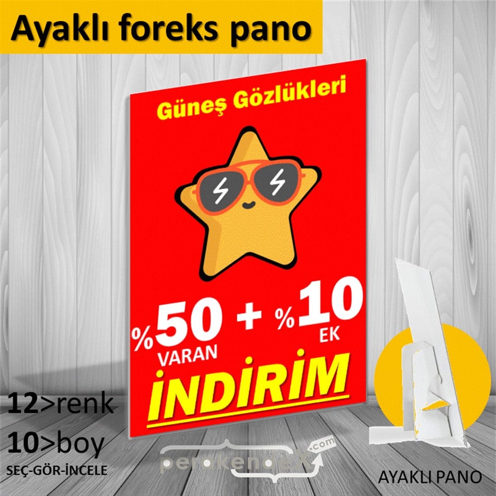 Güneş Gözlükleri İndirim Yüzde 50 Artı 10 KARTON AYAKLI POSTER,  PANO -dikdörtgen,tek yön baskı