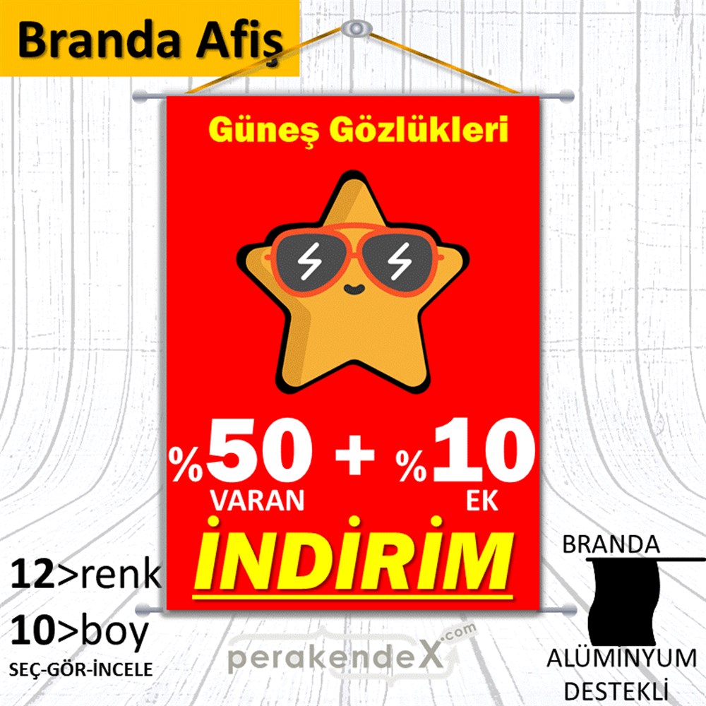 Güneş Gözlükleri İndirim Yüzde 50 Artı 10 BRANDA POSTER,  AFİŞ -dikdörtgen,tek yön baskı
