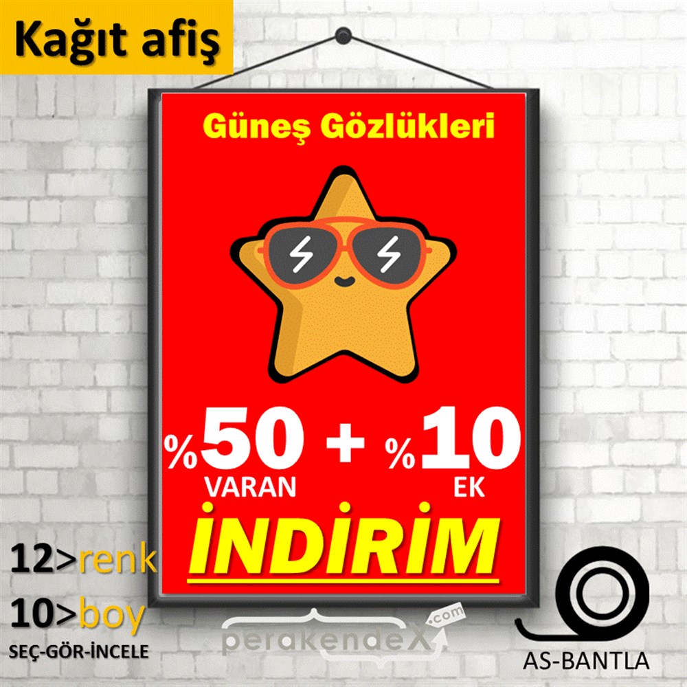 Güneş Gözlükleri İndirim Yüzde 50 Artı 10 KAĞIT POSTER,  AFİŞ -dikdörtgen,tek yön baskı