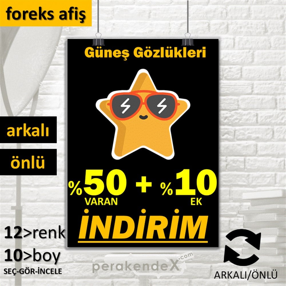 Güneş Gözlükleri İndirim Yüzde 50 Artı 10 SERT PLASTİK POSTER,  AFİŞ -dikdörtgen,çift yön baskı