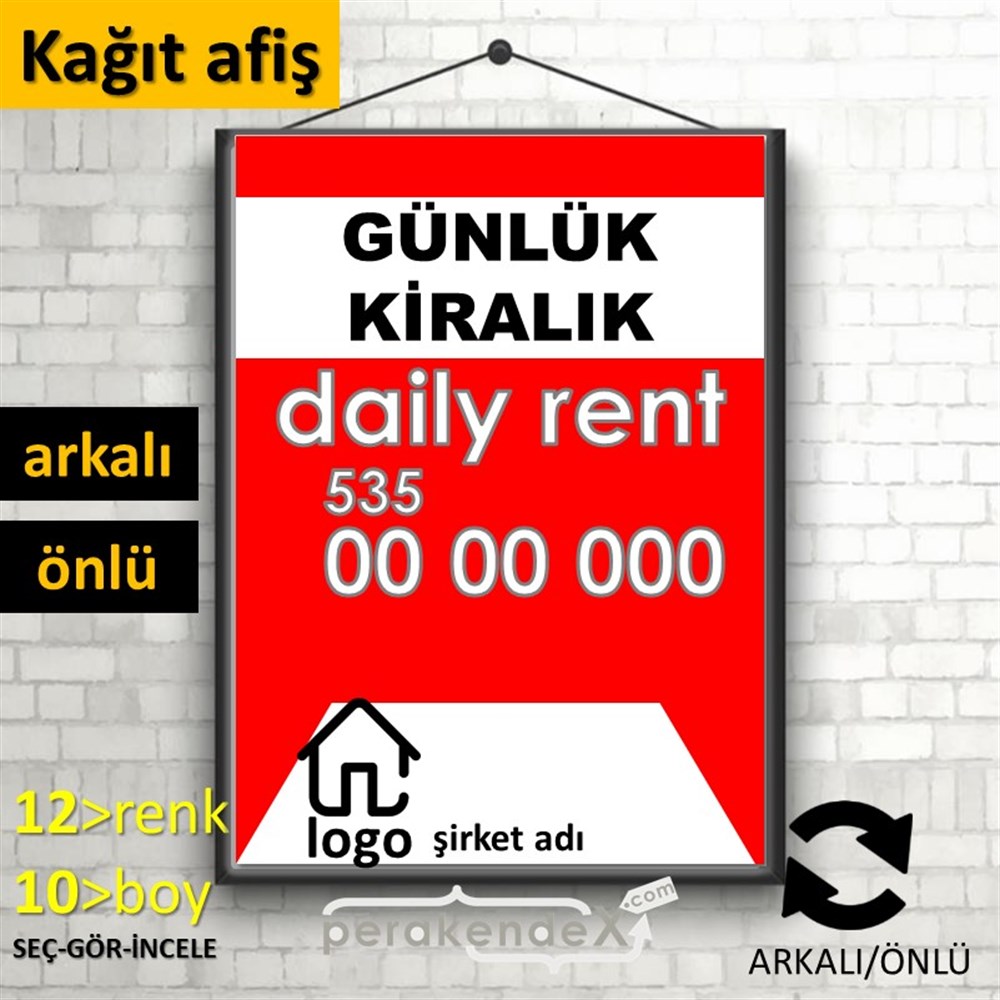 Günlük Kiralık Yazısı 004 KAĞIT POSTER,  AFİŞ -dikdörtgen,çift yön baskıkağıt poster,  afiş