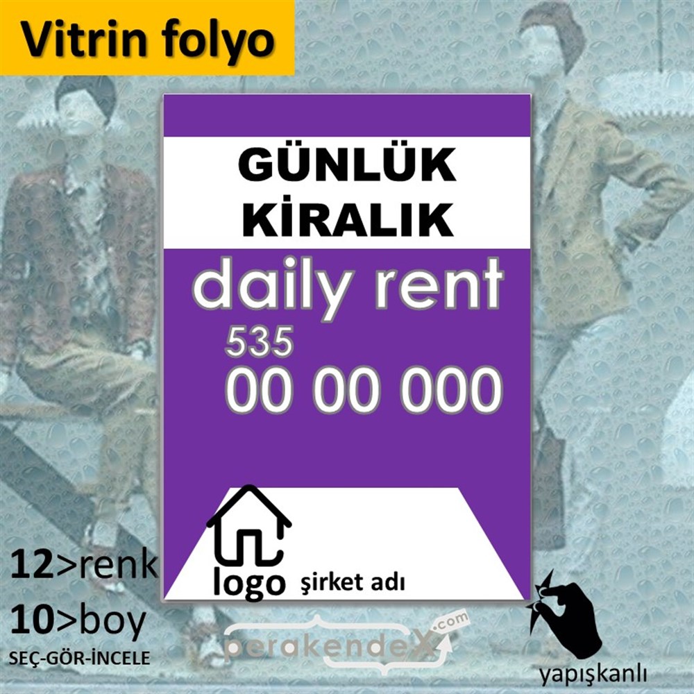 Günlük Kiralık Yazısı 004 VİTRİN - CAM FOLYO,  VİNİL -dikdörtgen,tek yön baskıvitrin - cam folyo,  vinil