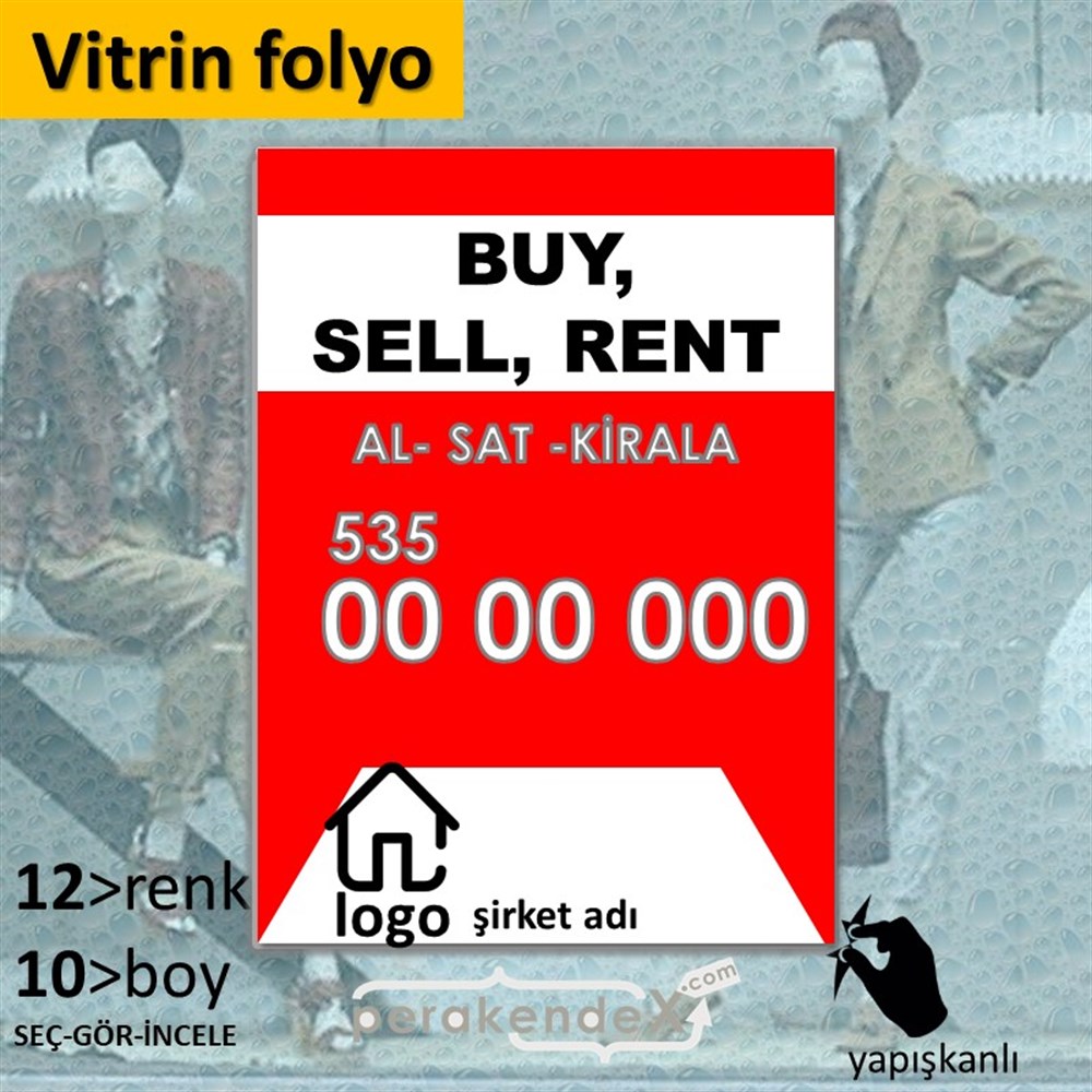 İngilizce Al & Sat & Kirala Yazısı 004 VİTRİN - CAM FOLYO,  VİNİL -dikdörtgen,tek yön baskıvitrin - cam folyo,  vinil