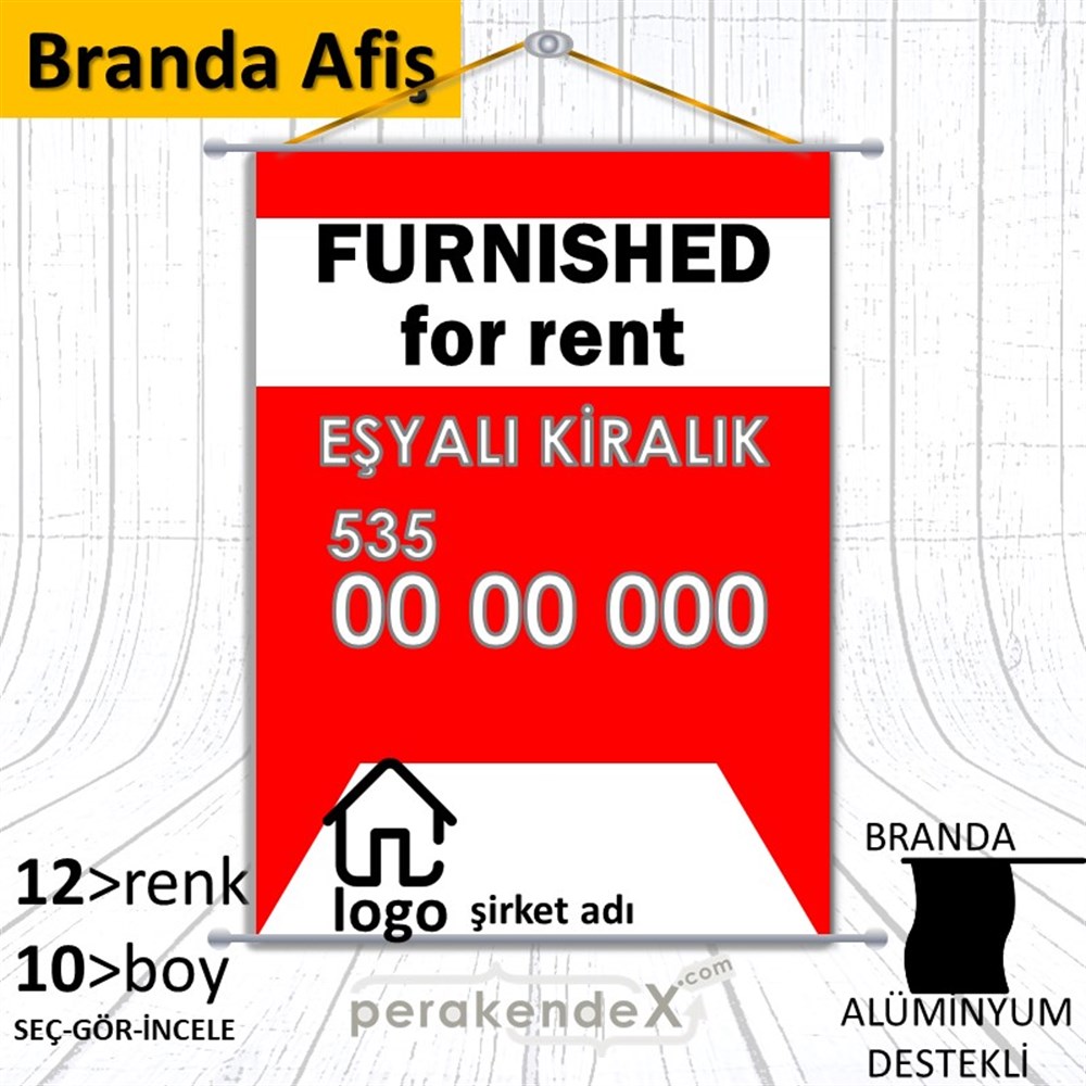 İngilizce Eşyalı Kiralık Yazısı 004 BRANDA POSTER,  AFİŞ -dikdörtgen,tek yön baskıbranda poster,  afiş