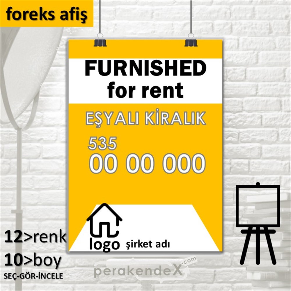İngilizce Eşyalı Kiralık Yazısı 004 SERT PLASTİK POSTER,  AFİŞ -dikdörtgen,tek yön baskısert plastik poster,  afiş
