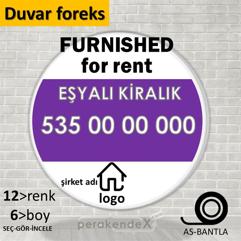 İngilizce Eşyalı Kiralık Yazısı 004 SERT PLASTİK POSTER,  AFİŞ -oval,tek yön baskısert plastik poster,  afiş