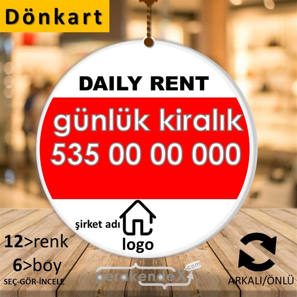 İngilizce  Günlük Kiralık Yazısı 004 DÖNKART -oval,çift yön baskıdön-kart
