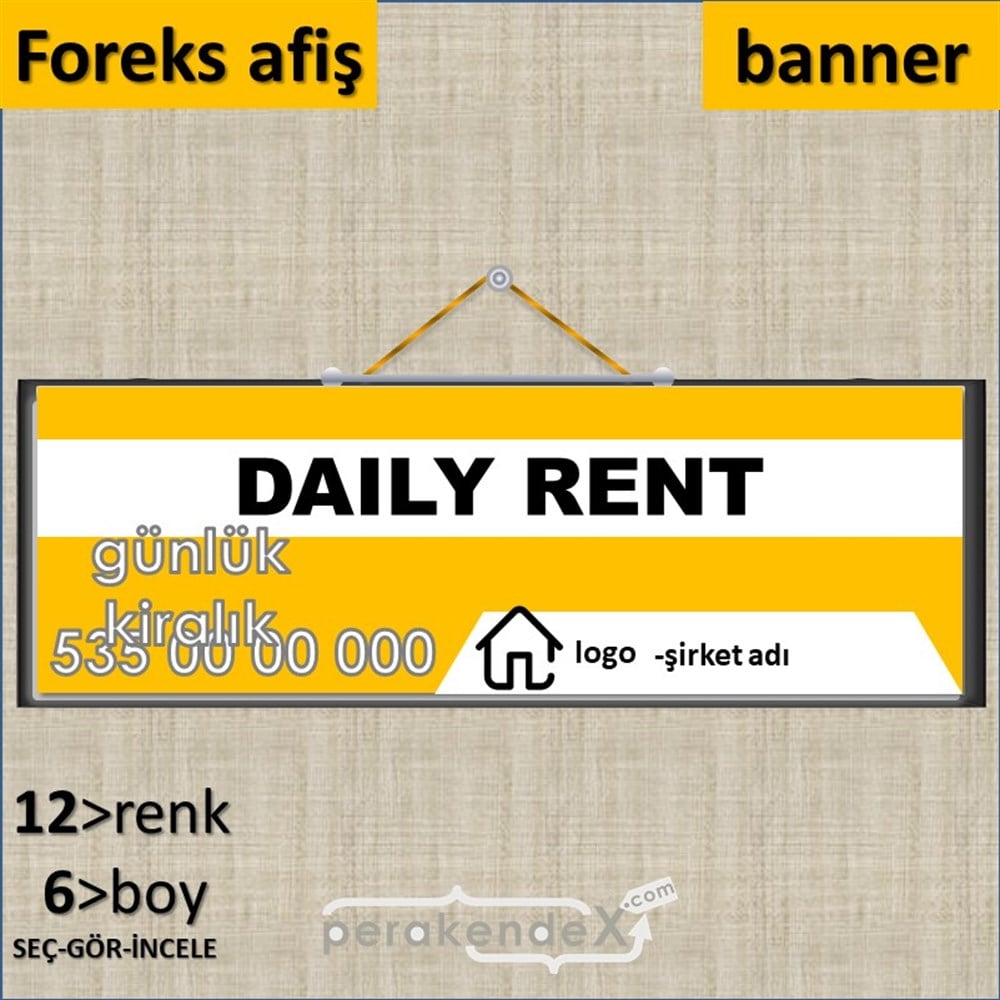 İngilizce  Günlük Kiralık Yazısı 004 SERT PLASTİK POSTER,  AFİŞ (BANNER) -dikdörtgen,tek yön baskısert plastik poster,  afiş