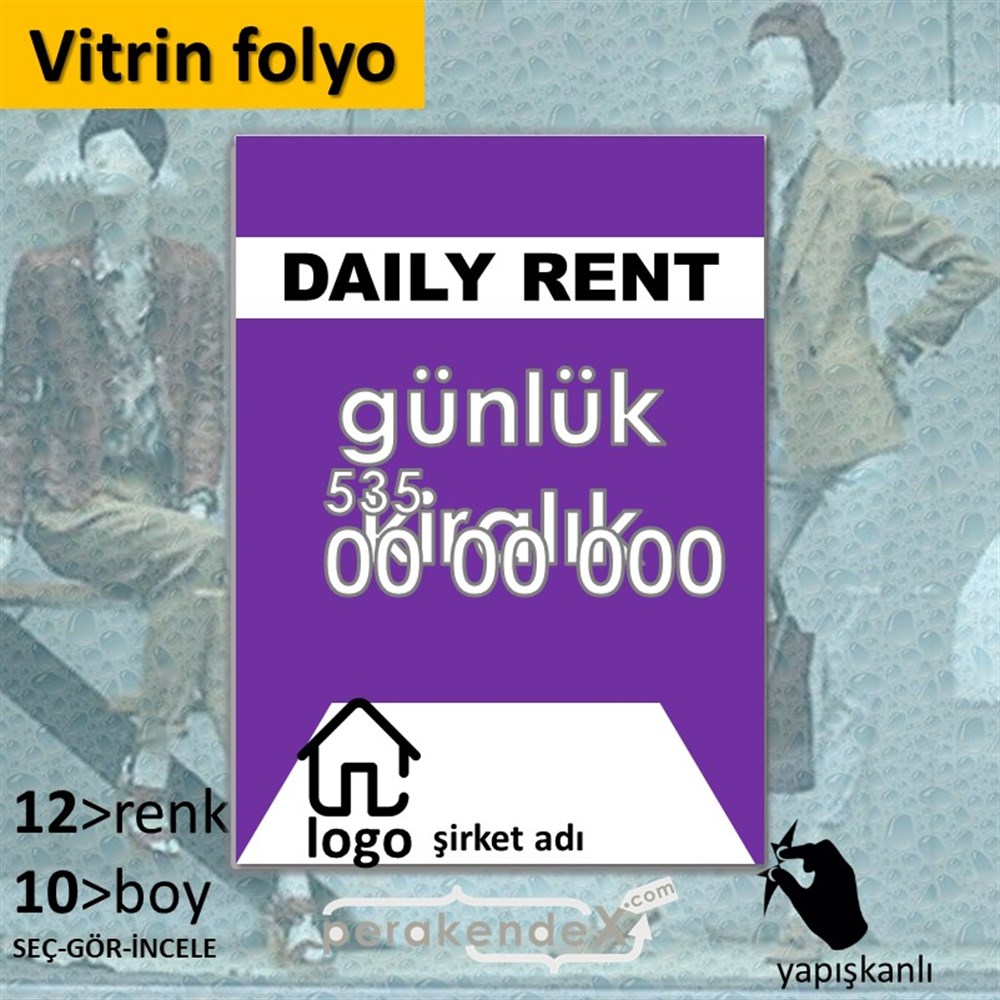 İngilizce  Günlük Kiralık Yazısı 004 VİTRİN - CAM FOLYO,  VİNİL -dikdörtgen,tek yön baskıvitrin - cam folyo,  vinil