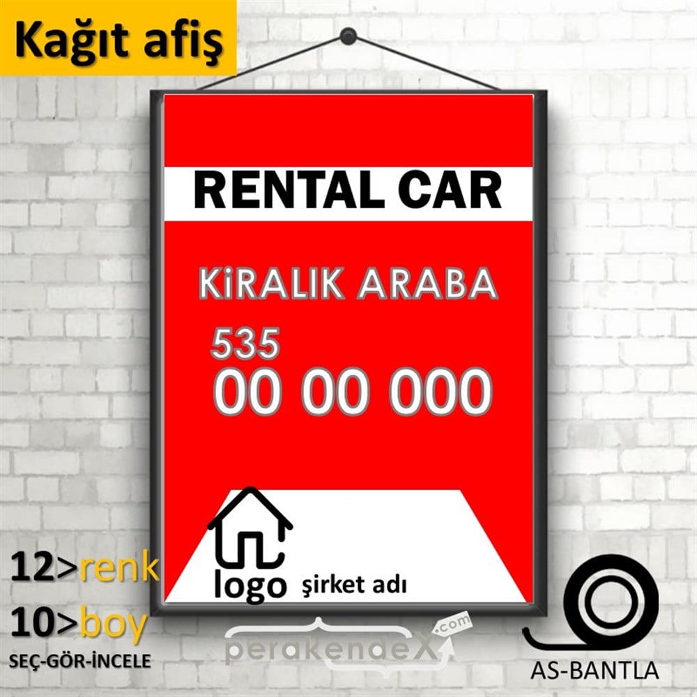 İngilizce Kiralık Araba Yazısı 004 KAĞIT POSTER,  AFİŞ -dikdörtgen,tek yön baskıkağıt poster,  afiş